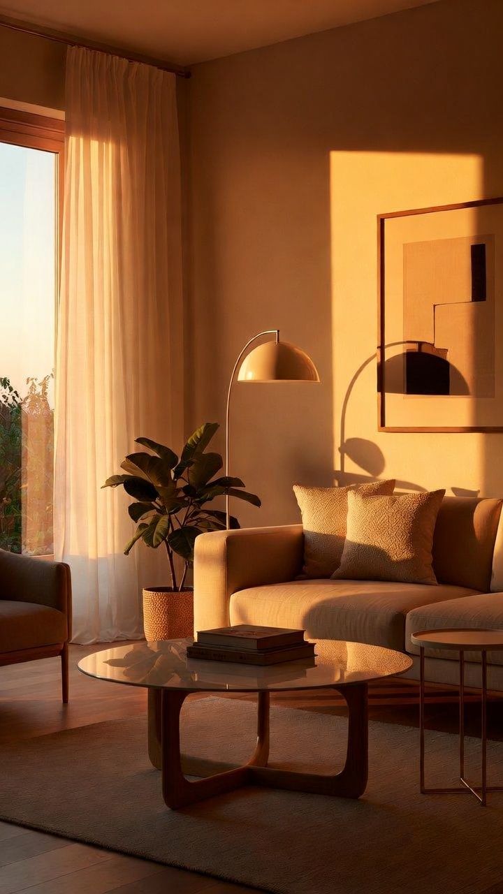 Living room styled with neutral sofa, coffee table, vase and greenery